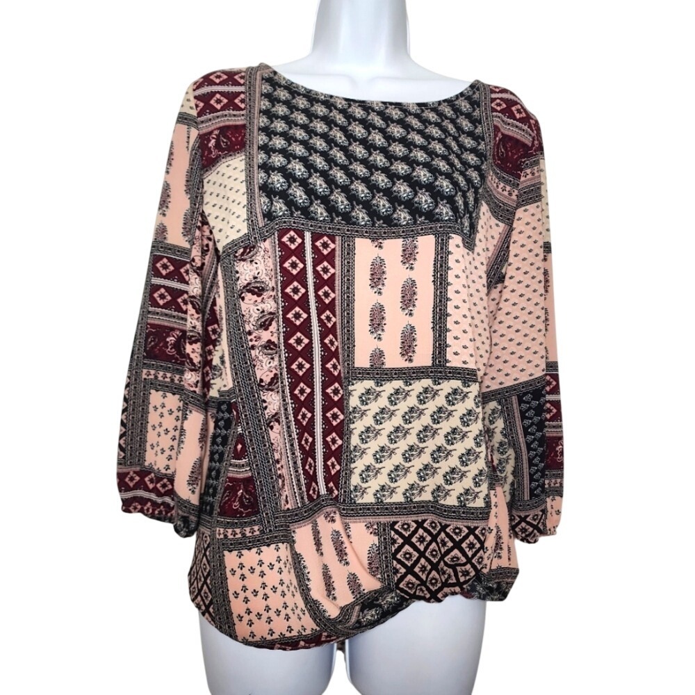 DRESSBARN Size Large Multicolor Patchwork Fabric 3/4 Sleeve Knot Front Blouse